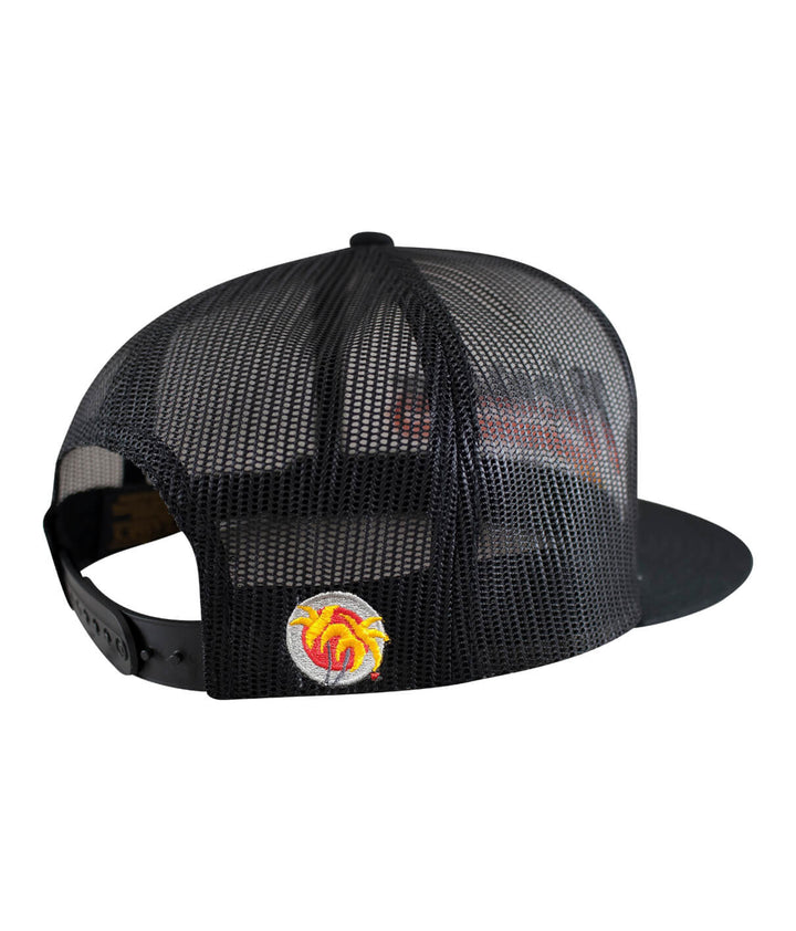 Back view of the "Raw Hide" Trucker Hat featuring a mesh design and embroidered pill logo on the side.