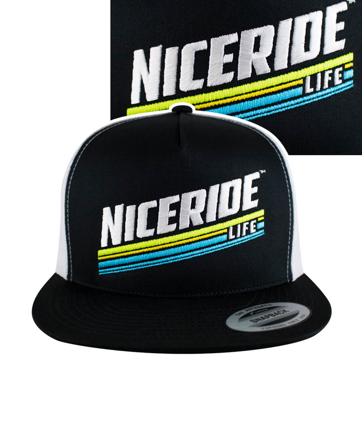 Niceride Life Trucker Hat showcasing bright embroidered design, perfect fitting baseball cap for casual wear.