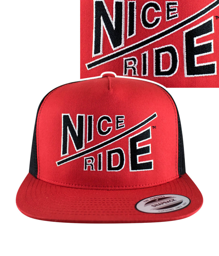 Hypnotize trucker hat featuring the NICERIDE logo in red and black, perfect for stylish outdoor wear.