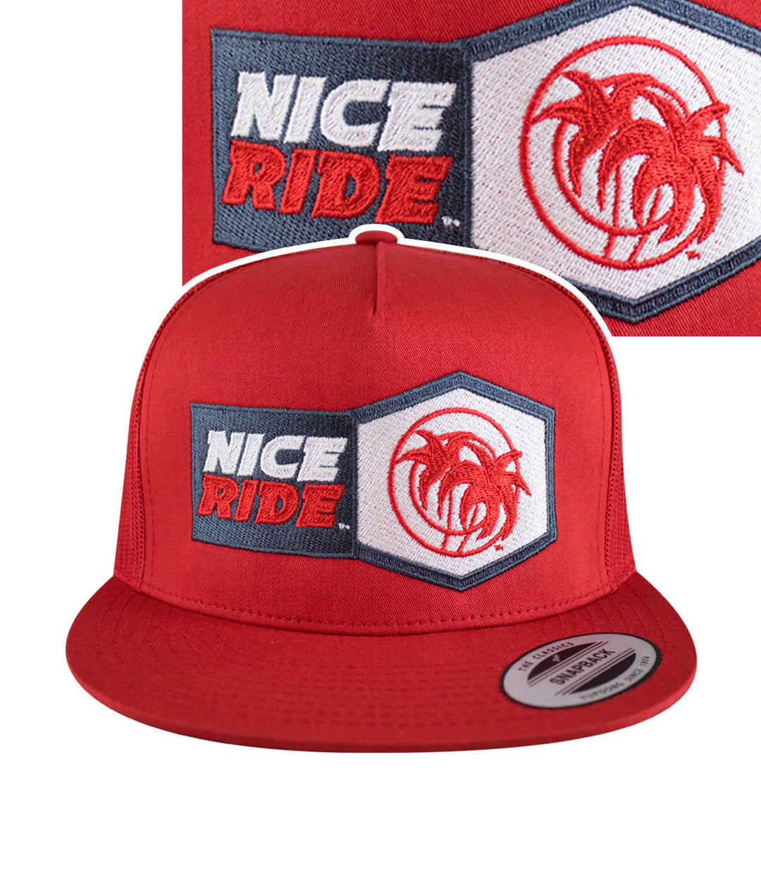 Red hat featuring NICE RIDE embroidered logo, Classic Snapback Trucker Baseball hat design, perfect for casual wear.