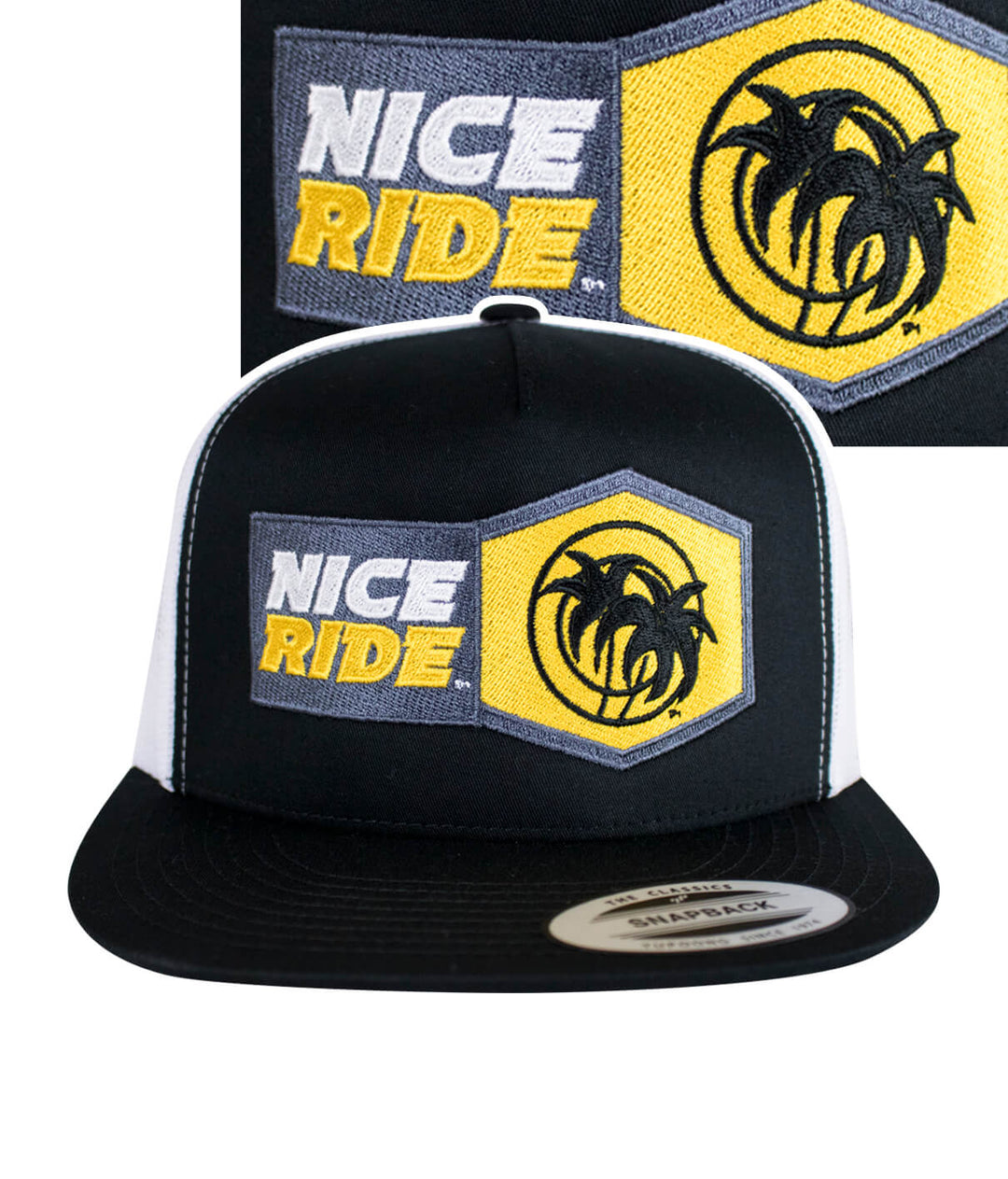 NICERIDE Socket Trucker Baseball hat with embroidered logo, classic black and white snapback design, perfect hat for casual wear.