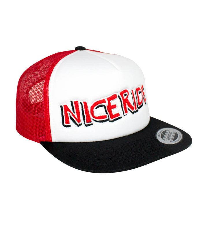 Bed Rock Foam Trucker Hat featuring NICERIDE logo, black visor, red mesh back, perfect baseball cap.