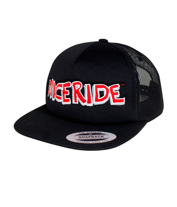 NICERIDE Foam Trucker Hat featuring red embroidered logo on front and mesh back, perfect casual hat for any outfit.