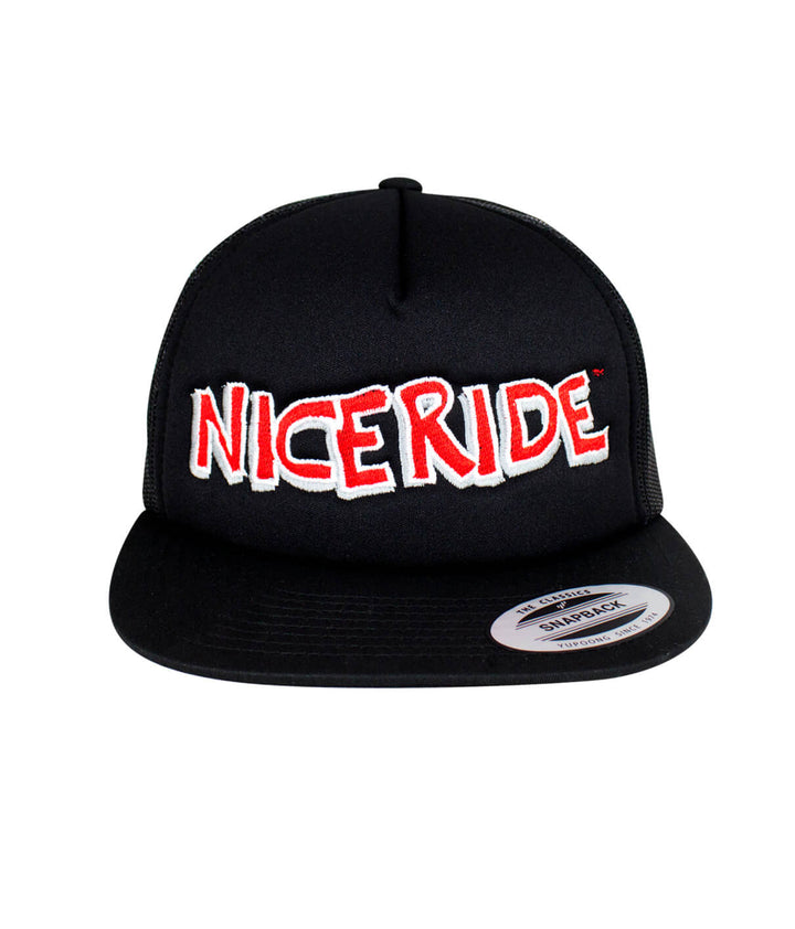 Black Foam Trucker Hat with NICERIDE logo, a stylish hat ideal for outdoor activities.