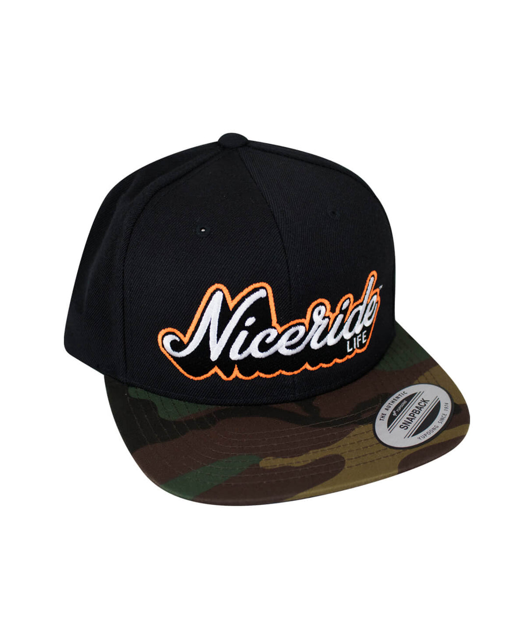 Half Pipe Flatbill Snapback Hat by NICERIDE featuring black top and camo brim, perfect hat for style and comfort.