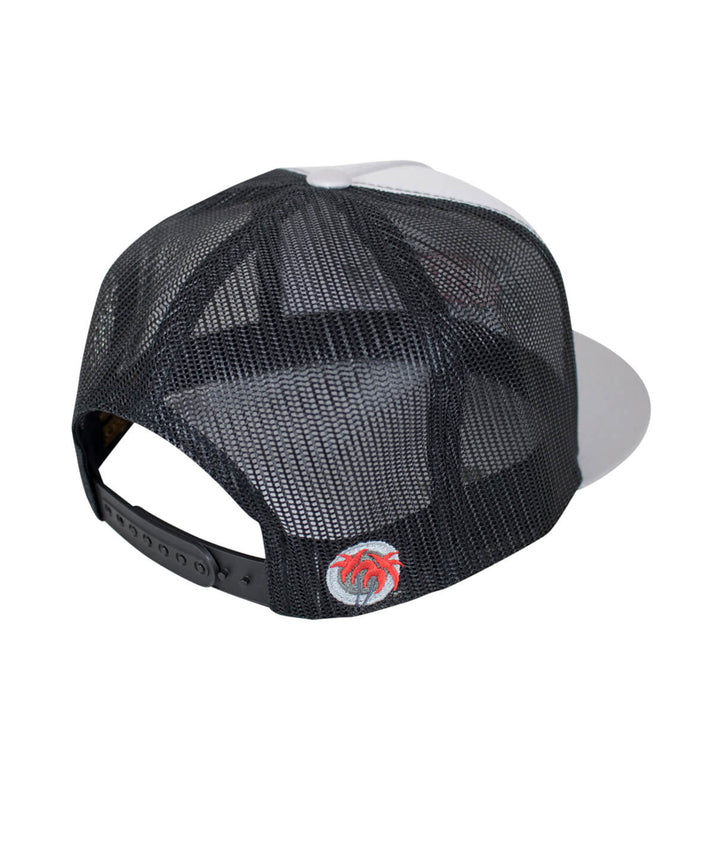 Back view of 619 Motor Speedway trucker hat showing mesh design and embroidered palm logo on the strap.