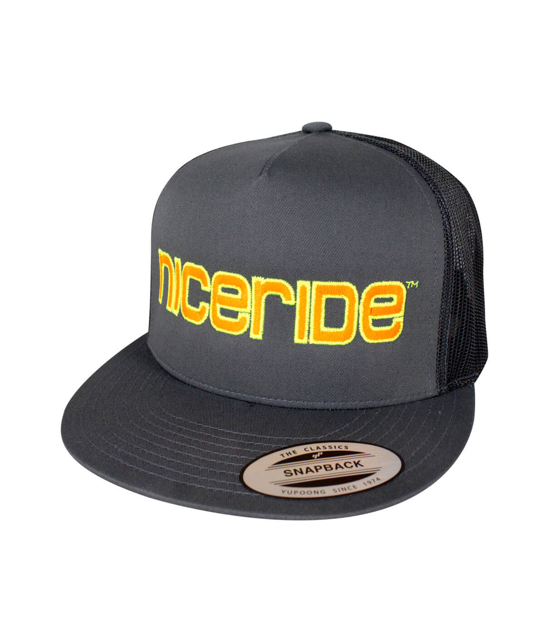 Bold Tower Charcoal Trucker Hat featuring NICERIDE logo, a stylish snapback hat for casual wear.
