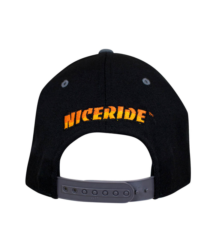 Back view of NICERIDE embroidered black hat, a 110F Snapback, showcasing the brand logo.