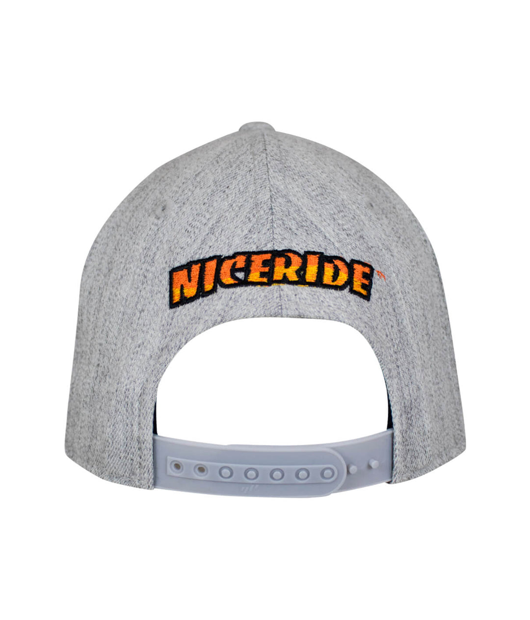 Back view of a NICERIDE 110F Snapback hat showcasing the embroidered logo, perfect for stylish hat lovers.