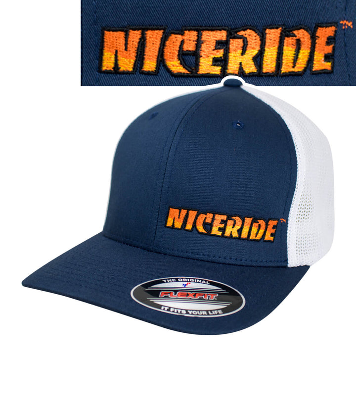Classic NICERIDE Meshback Flexfit Hat featuring embroidered logo on front and back, designed and made in the USA.