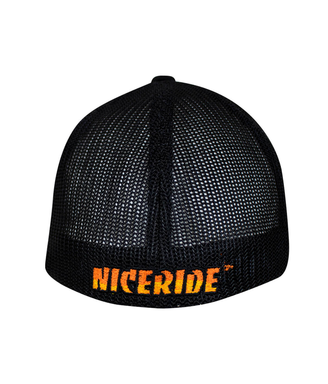 Back view of NICERIDE Classic Palm meshback Flexfit hat displaying brand logo, a stylish hat for outdoor enthusiasts.