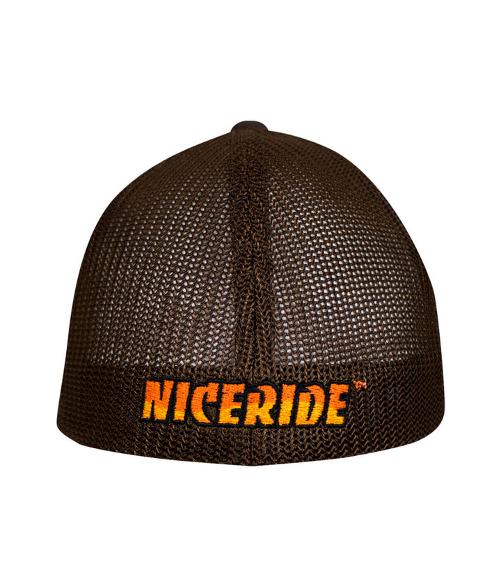 Back view of the NICERIDE Classic Palm Meshback Flexfit Hat showcasing the embroidered logo, perfect hat for outdoor activities.