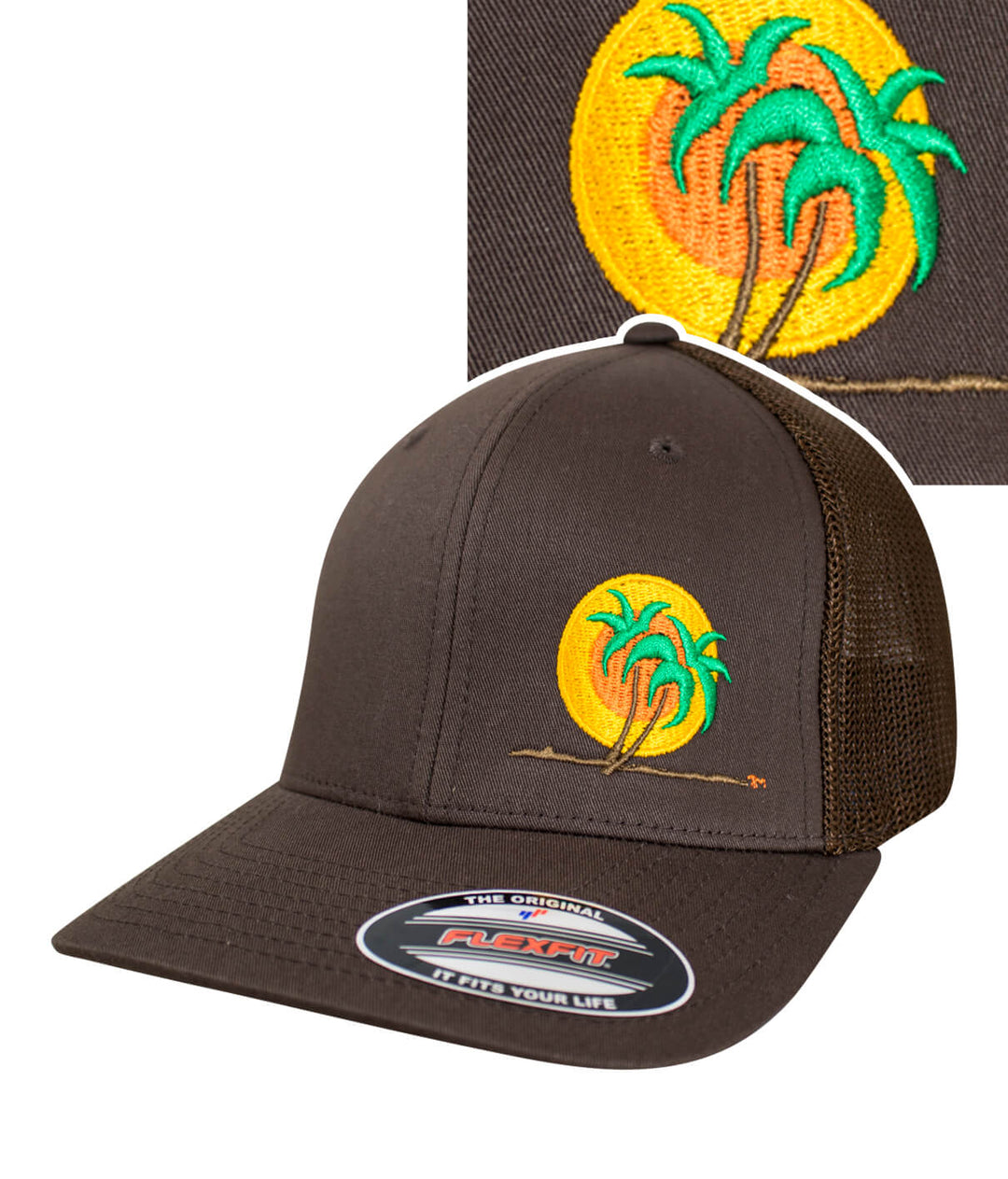 Classic Palm Meshback Flexfit Hat with embroidered palm trees and yellow sun design.