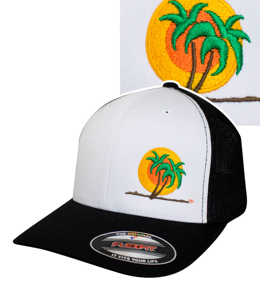 Classic Palm meshback Flexfit hat featuring embroidered palm logo and sun design, perfect for any outdoor enthusiast.