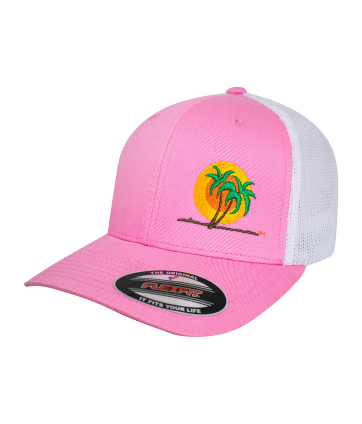 Classic Palm Meshback Flexfit Hat, pink baseball cap with palm logo, perfect summer hat.