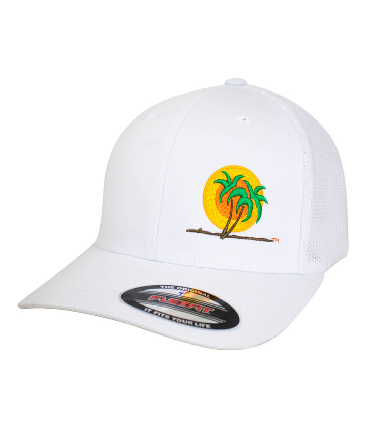 Classic Palm Meshback Flexfit Hat featuring embroidered palm logo on a white hat, perfect for stylish sun protection.