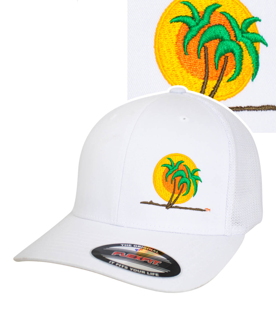 Classic Palm Meshback Flexfit Hat featuring embroidered palm trees on a sunny background.