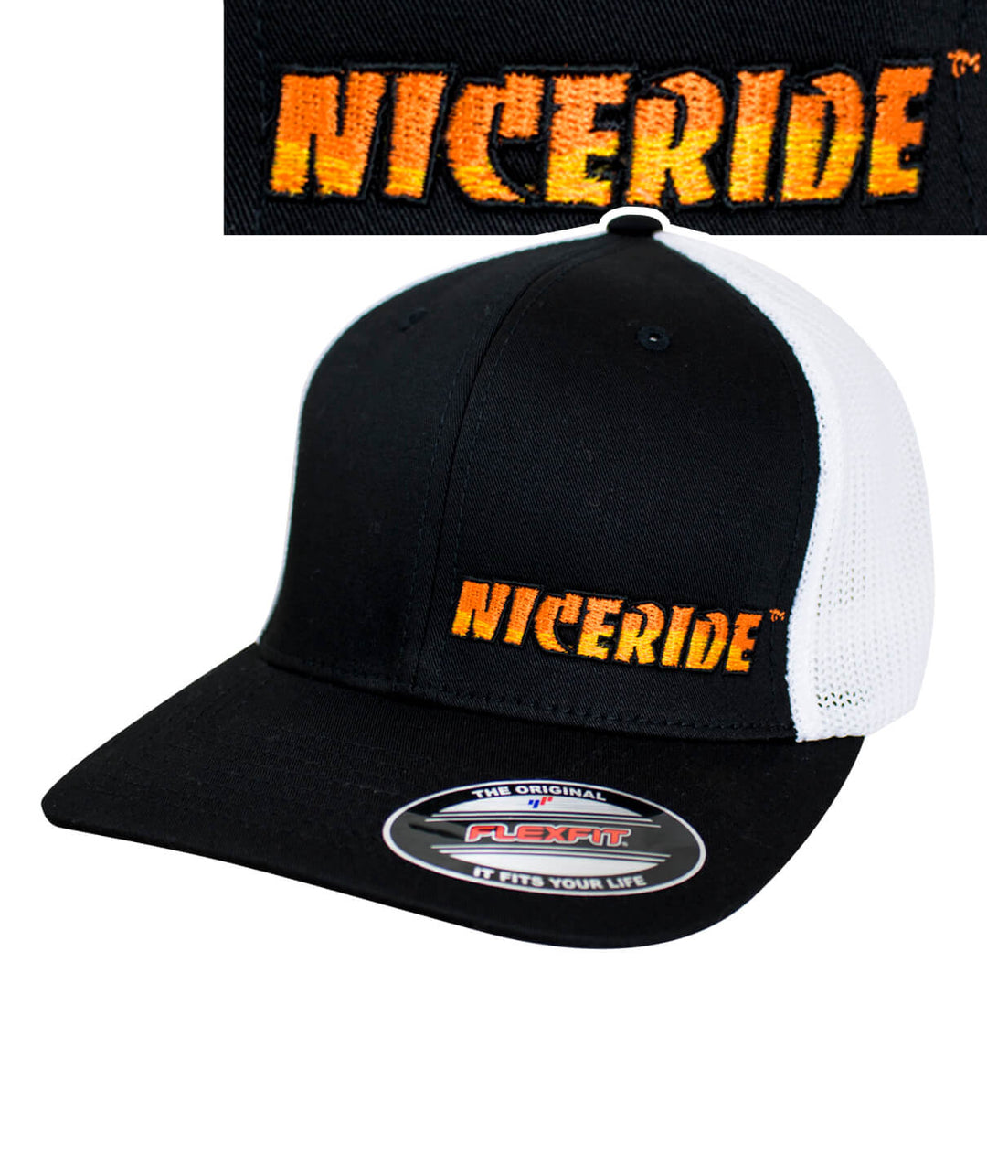Classic NICERIDE Meshback Flexfit Hat featuring NICERIDE embroidered on the front, stylish baseball cap for all occasions.