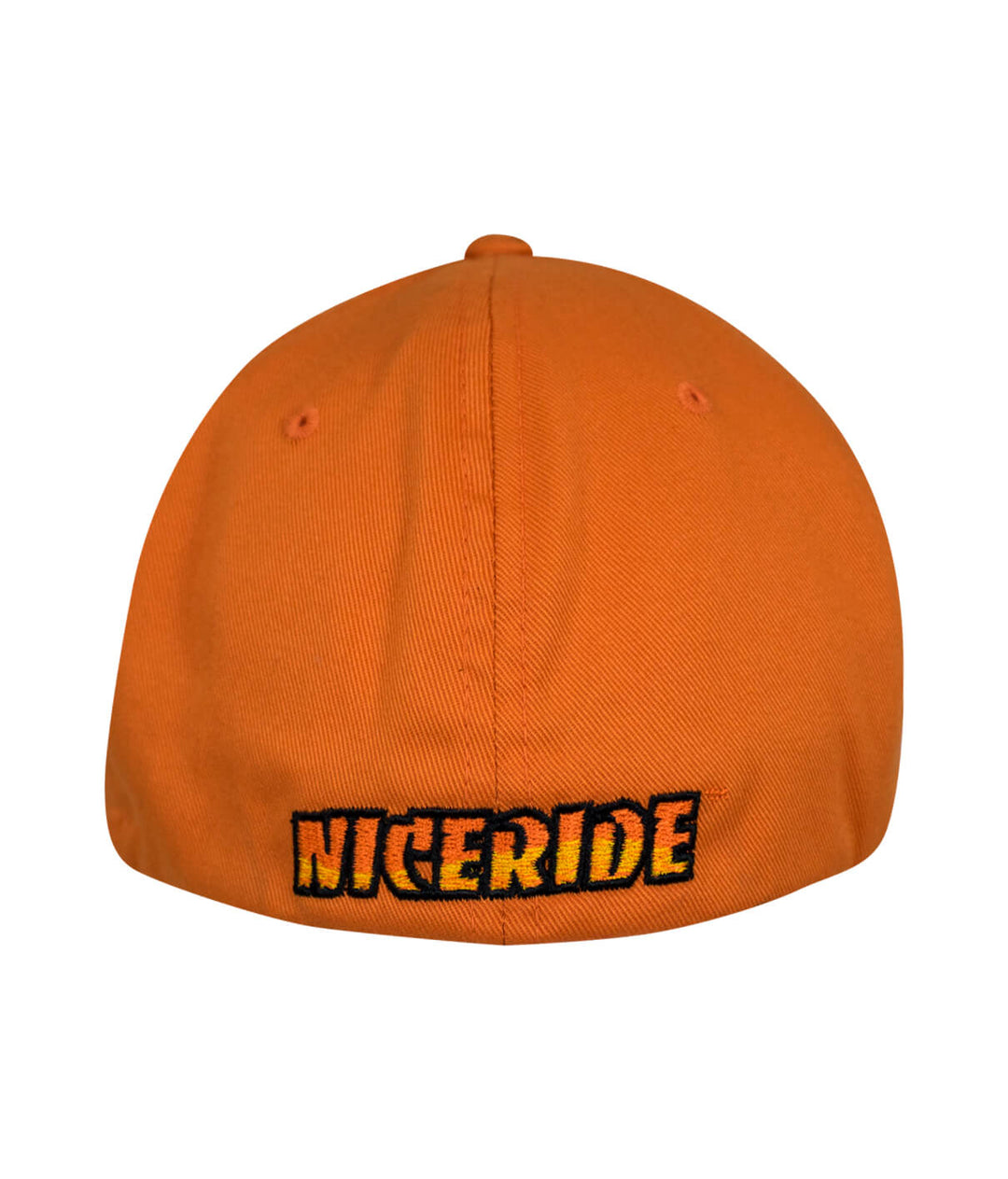 Back view of NICERIDE embroidered Classic Palm hat in orange, showcasing the iconic logo on the rear.
