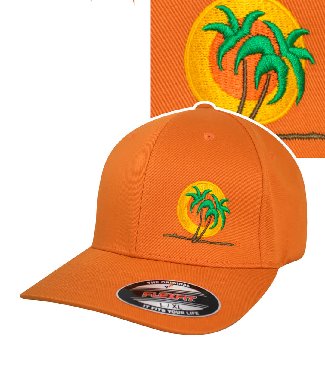 Classic Palm Classic Flexfit Hat featuring palm tree embroidery and orange color, perfect for sunny days.