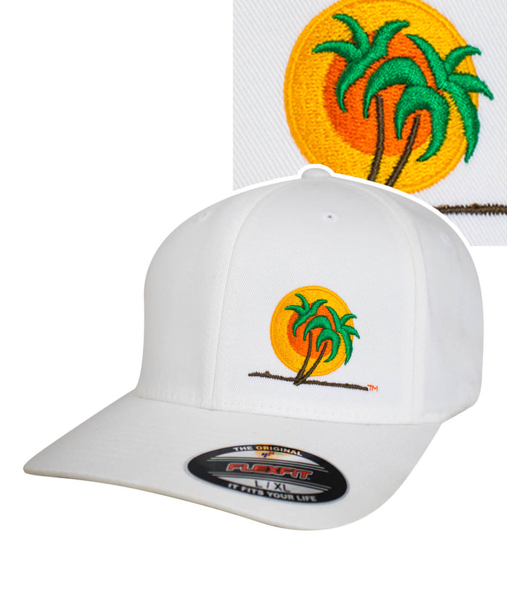 Classic Palm Flexfit hat with palm tree and sun embroidery on a white baseball cap.