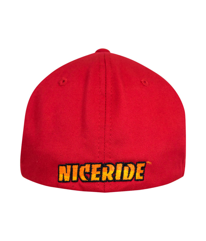 Back view of a red Classic Flexfit hat featuring NICERIDE logo embroidered on the back. Perfect accessory for any hat lover.