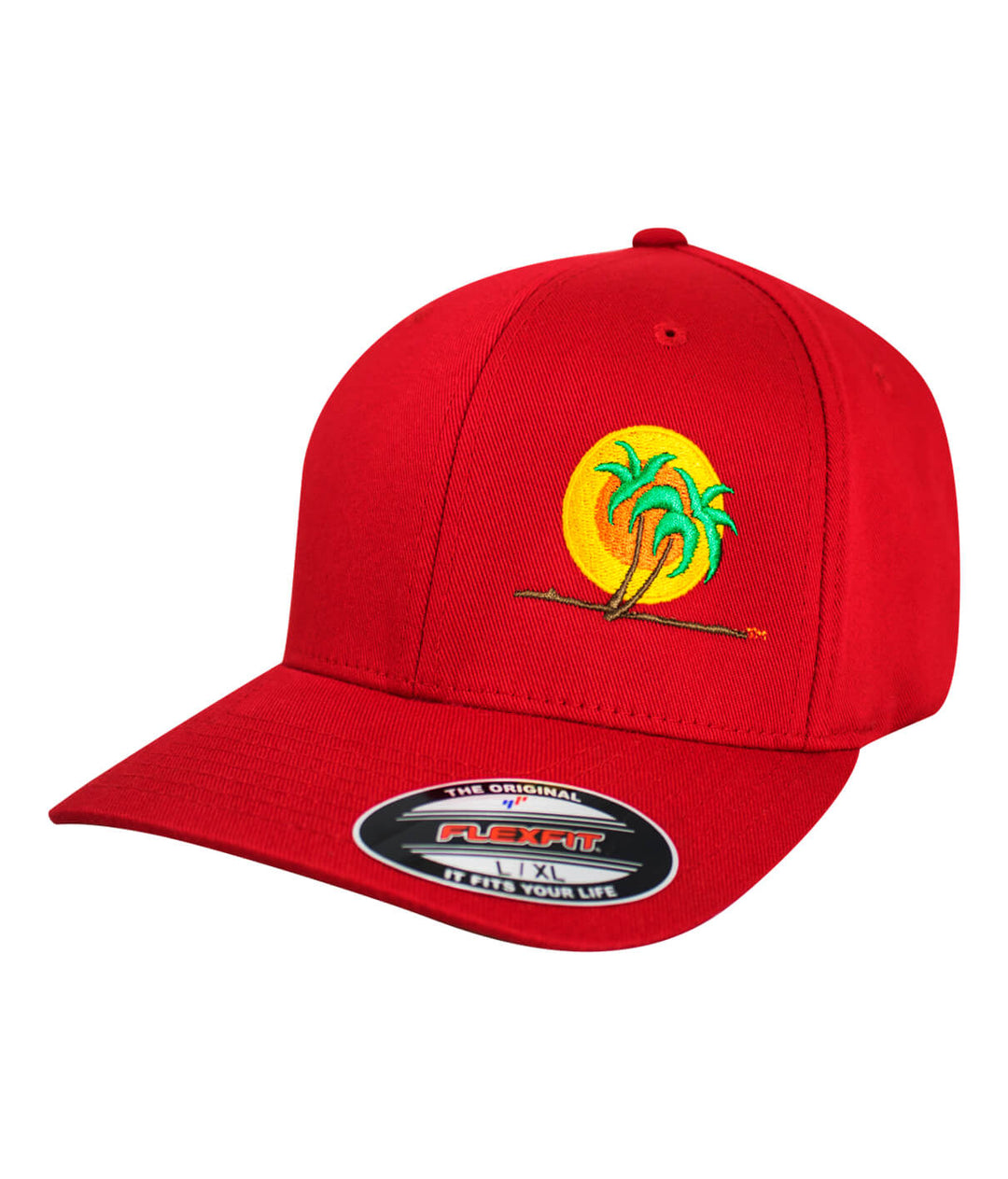 Classic Palm Classic Flexfit Hat in red with embroidered logo featuring palm trees and sun, perfect for casual wear.
