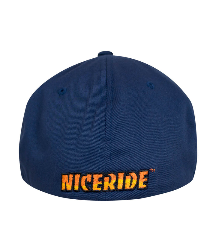 Back view of NICERIDE Classic Flexfit hat showing embroidered logo on navy fabric.