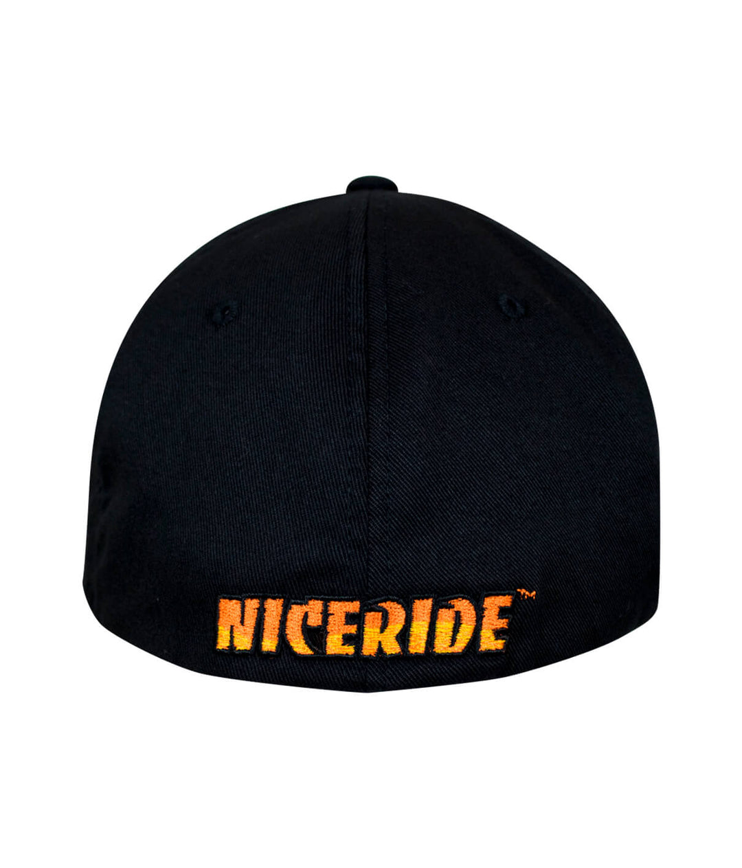 Back view of the Classic Palm Flexfit hat showing NICERIDE logo in orange on black fabric.