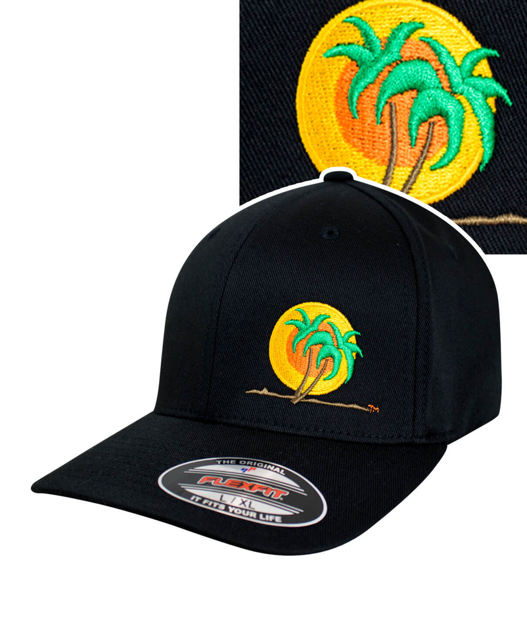 Classic Palm Flexfit hat featuring embroidered palm trees and sun design, perfect for summer style.