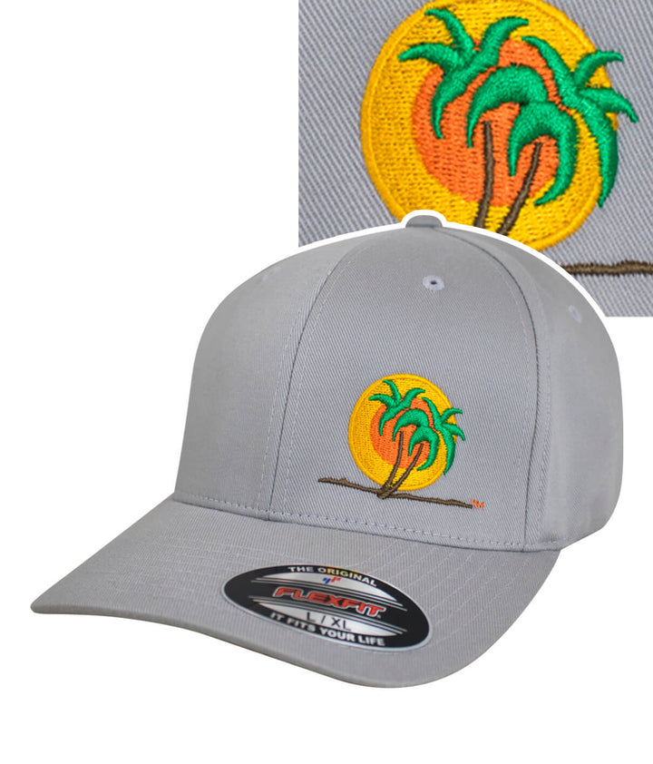 Classic Palm hat featuring embroidered palm trees and sunset design on a gray Flexfit baseball cap.