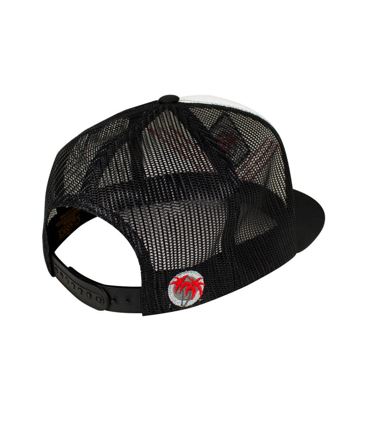 Back view of the Diamond Head Trucker Hat, showcasing mesh panels and classic palm logo, perfect hat for casual wear.