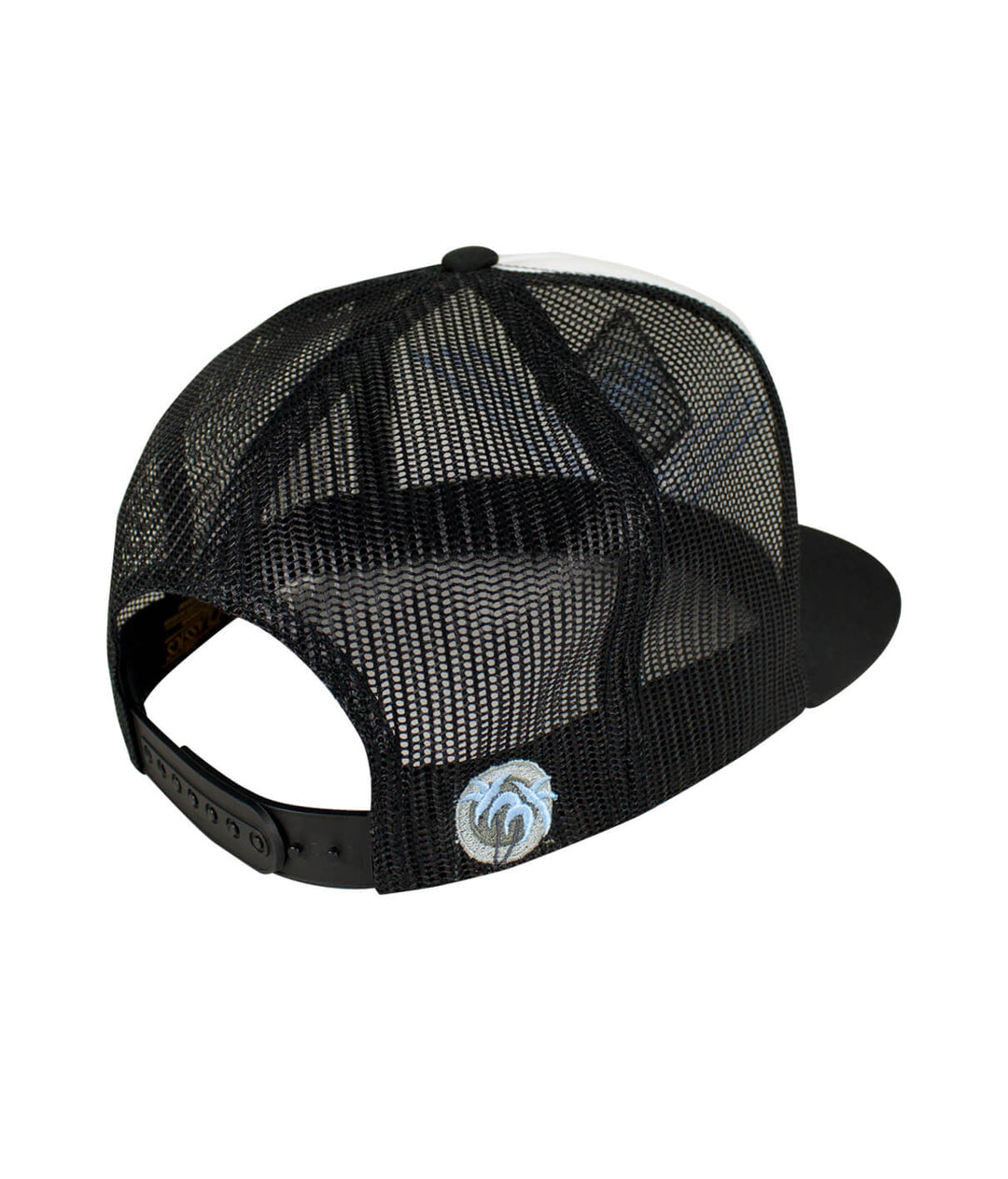Back view of Diamond Head Trucker Hat showcasing black mesh design and embroidered palm logo. Perfect hat for casual wear.