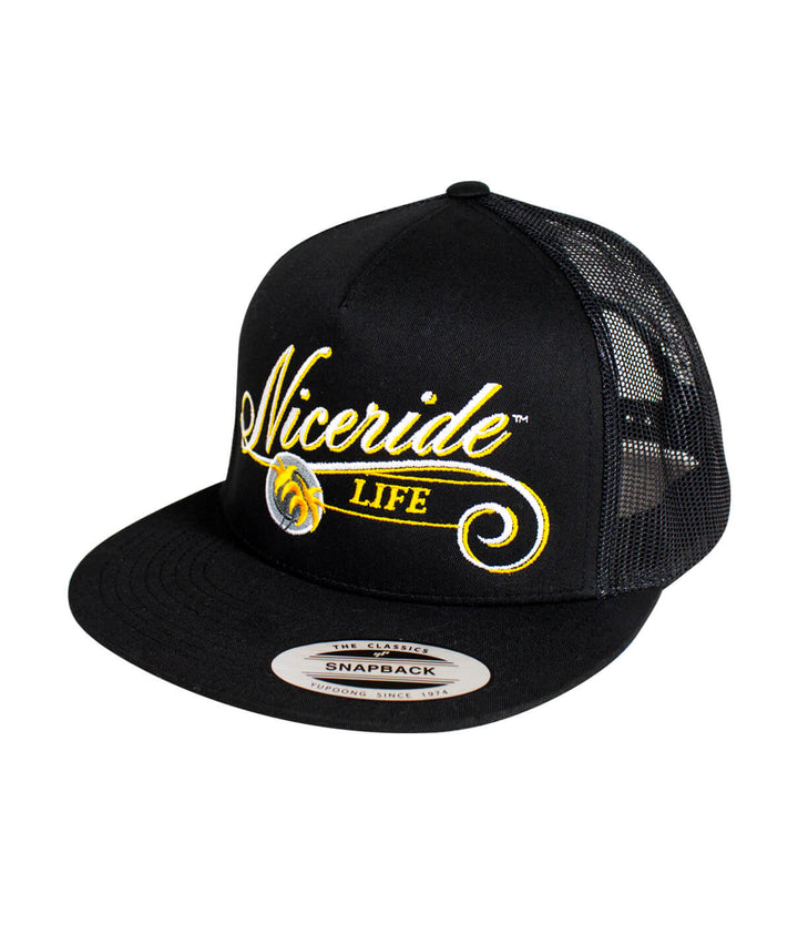 The LIFE - Yellow Trucker Hat featuring embroidered design and classic palm logo.