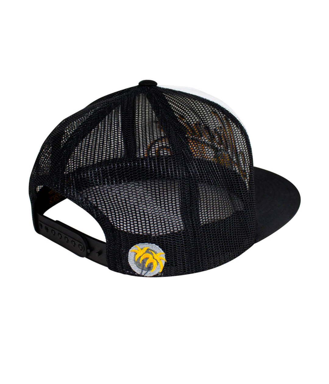 Back view of The LIFE - Yellow trucker hat showing black mesh and yellow palm logo, a stylish hat for casual wear.