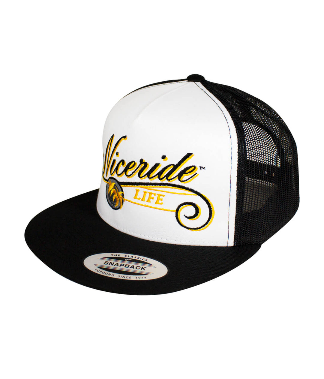 The LIFE - Yellow Trucker Hat featuring NICERIDE embroidery and classic palm logo, a stylish snapback hat.