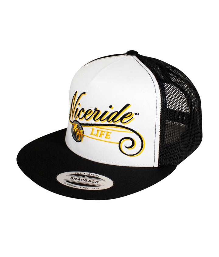 The LIFE - Yellow Trucker Hat featuring NICERIDE embroidery and classic palm logo, a stylish snapback hat.
