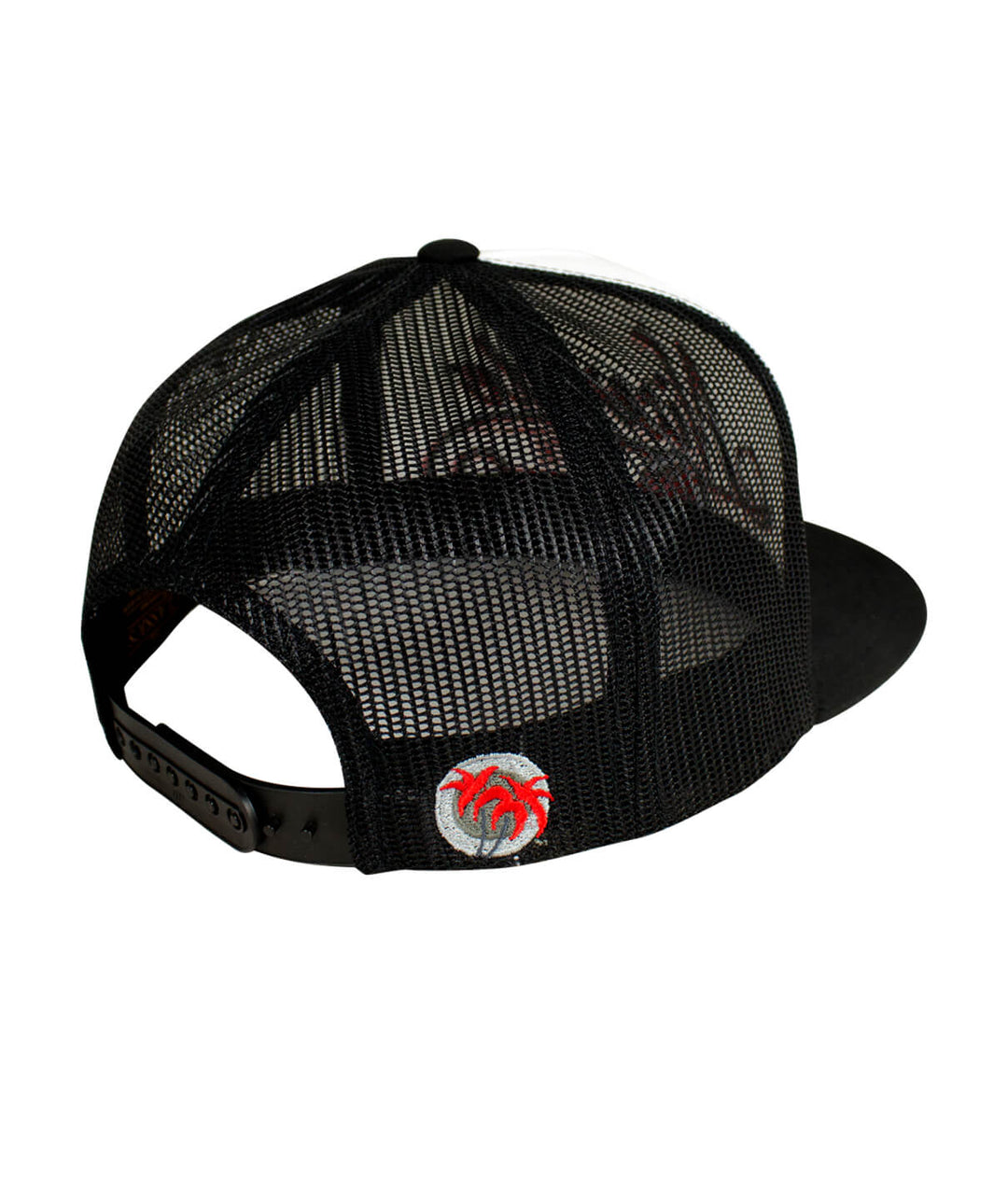 Back view of The LIFE - Red trucker hat featuring a black mesh design and palm logo embroidered on the back.