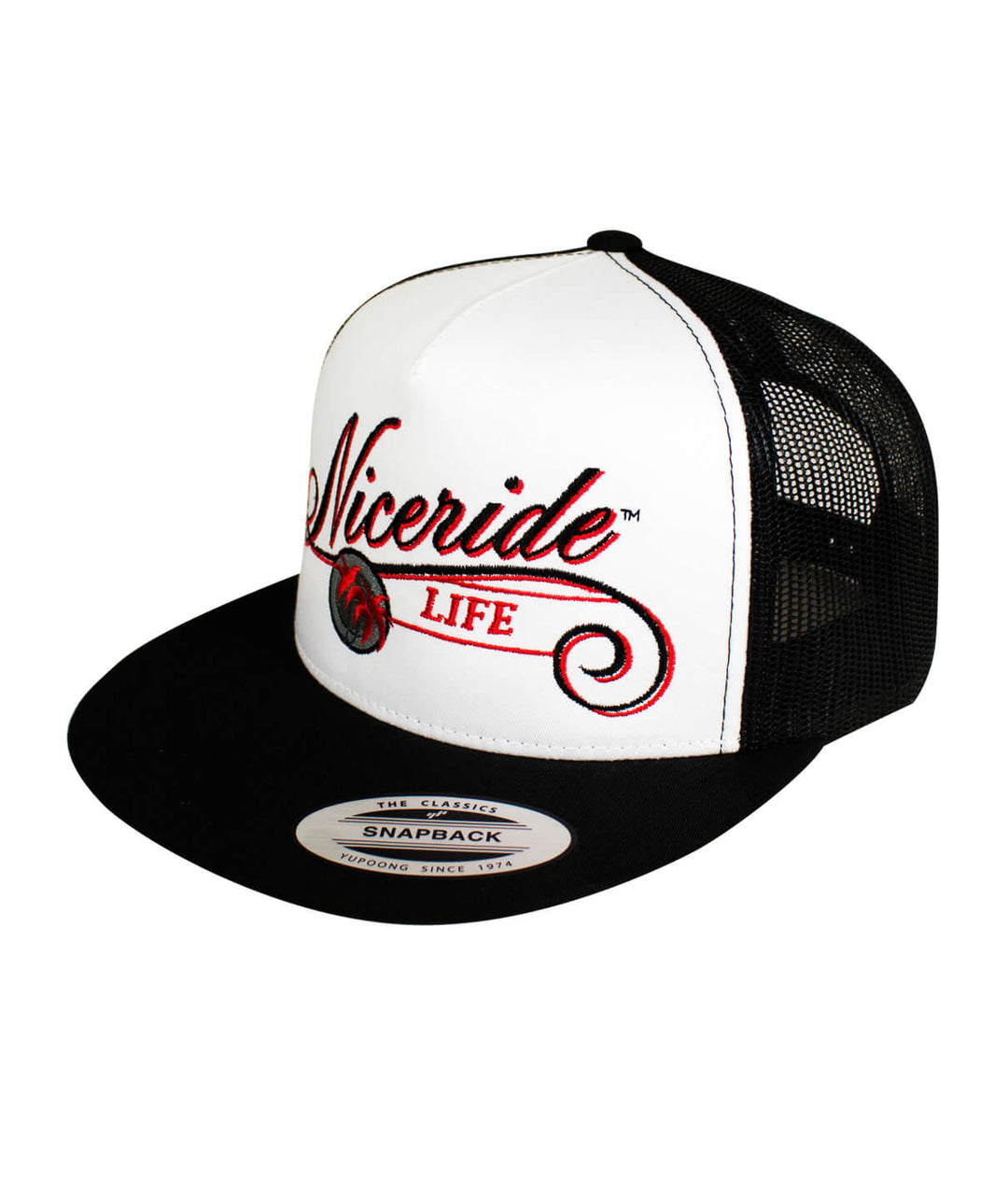 The LIFE - Red Trucker Hat showcasing NICERIDE design, classic snapback style with embroidered logo, perfect hat for casual wear.