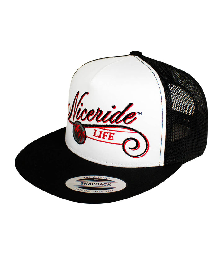 The LIFE - Red Trucker Hat showcasing NICERIDE design, classic snapback style with embroidered logo, perfect hat for casual wear.