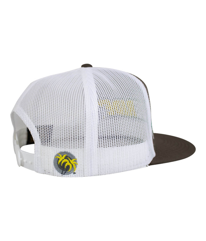 Back view of 3 Inch Trucker Hat with white mesh and brown brim, showcasing NICERIDE design and logo.