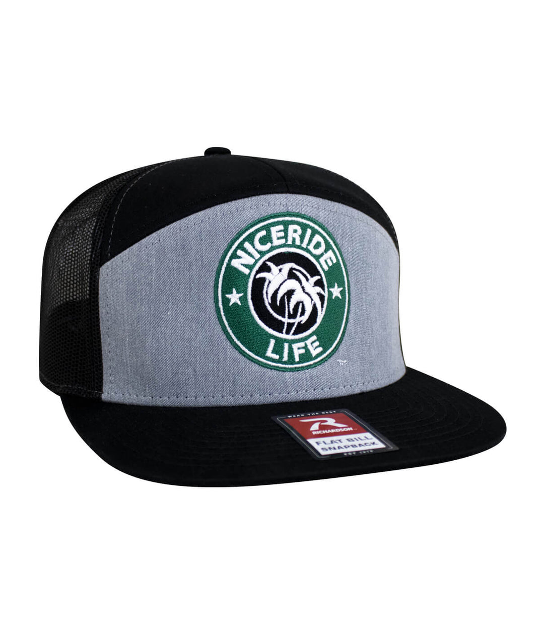 NICERIDE Life 7-panel trucker hat featuring embroidered palm logo and mesh back for stylish comfort.