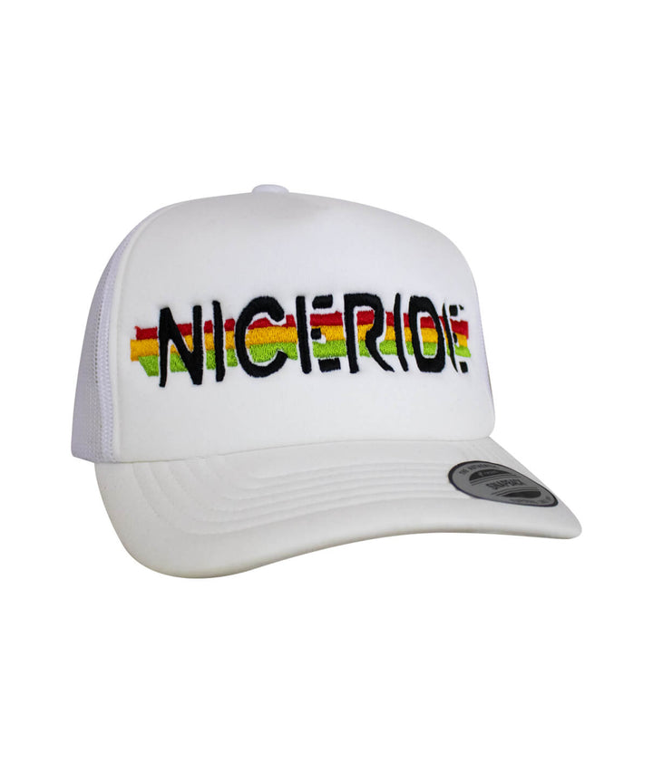 Lion Tamer Foam Trucker Cap featuring NICERIDE logo in vibrant colors, a stylish hat for casual wear.