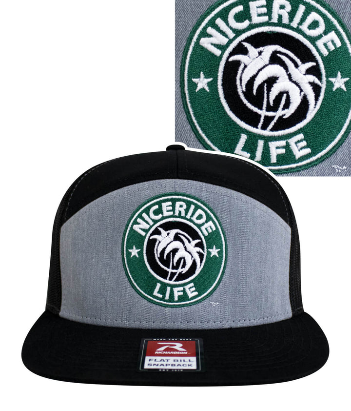 NICERIDE Life 7-panel trucker hat with palm logo and bold embroidery