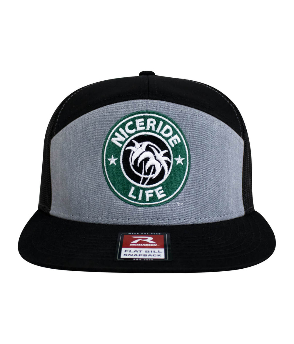 NICERIDE Life Trucker Hat with palm logo, flat bill design, and gray front panel, perfect for outdoor style and comfort.