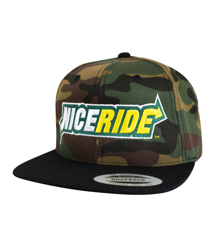 3 Inch Snapback Hat featuring a camouflage design and NICERIDE logo on the front panel.