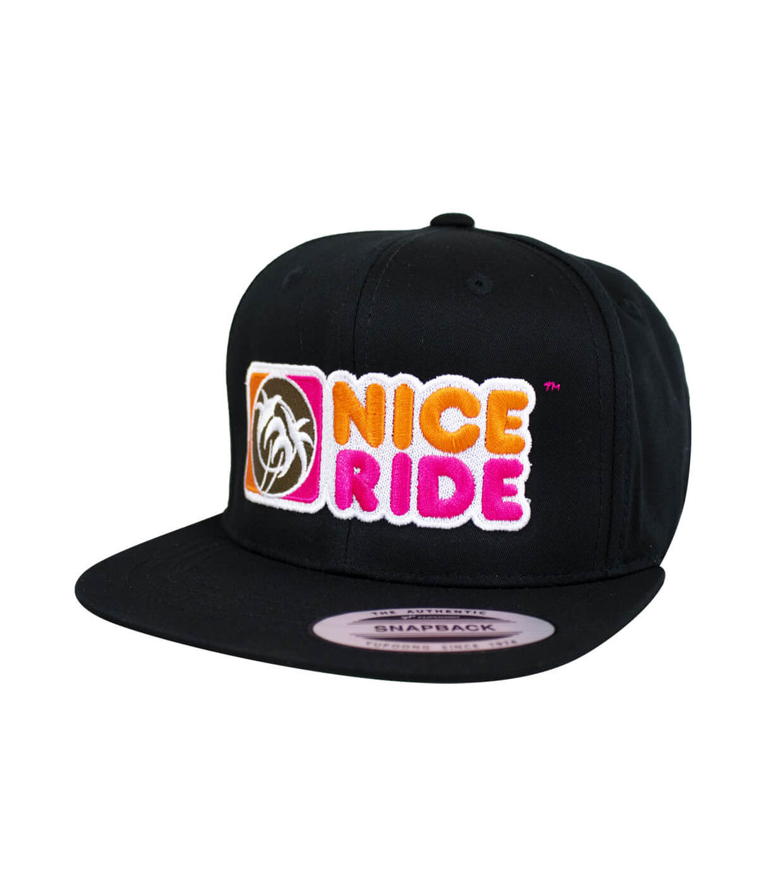 Glazzed youth snapback hat with NICERIDE logo embroidered on black cap, showcasing vibrant colors and adjustable fit.
