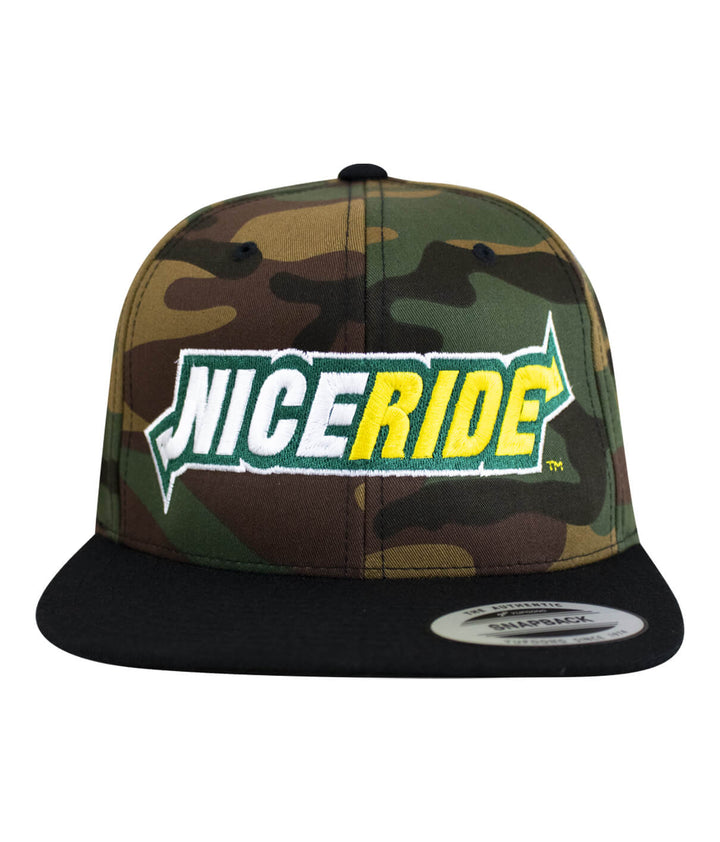 3 Inch Snapback Hat with NICERIDE logo on camo pattern design, front view.