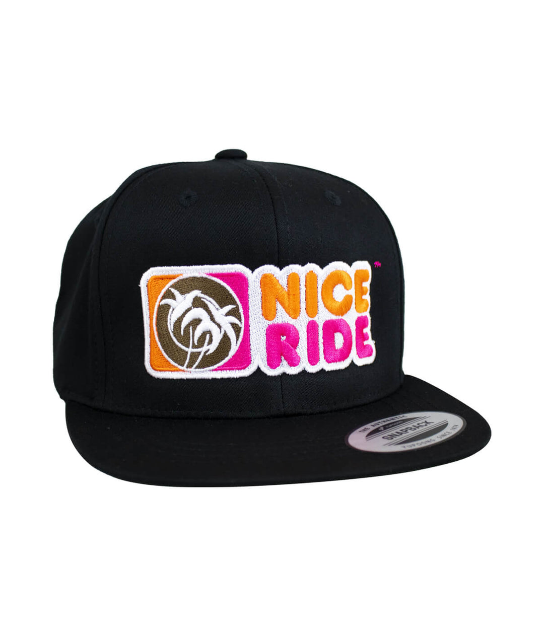 Youth snapback hat featuring NICERIDE embroidered logo, classic black design with vibrant colors.