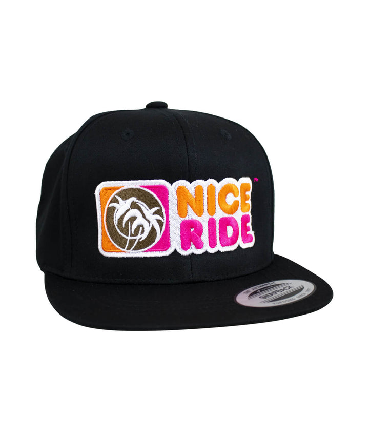 Youth snapback hat featuring NICERIDE embroidered logo, classic black design with vibrant colors.